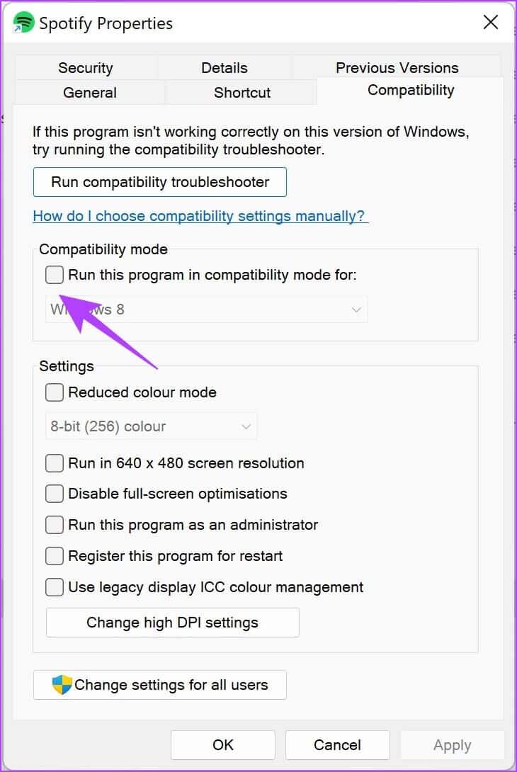 Run-this-program-in-compatibility-mode-for-1-730x1090 13 طريقة لإصلاح Spotify يحافظ على مشكلة التعطل على Windows