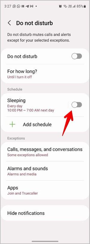 Samsung-Galaxy-Phone-Do-Not-Disturb-Mode-Schedule-Off-300x810 8 طرق سهلة لإيقاف تشغيل الوضع الصامت أو كتم الصوت على هاتف Samsung Galaxy