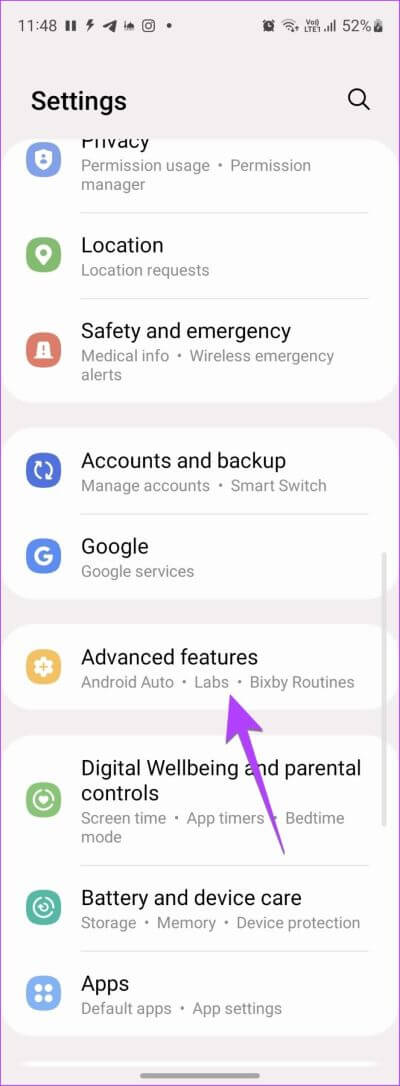 Samsung-Settings-Advanced-Features-400x1086 كيفية الحصول على إشعار الشحن الكامل للبطارية على هواتف Android