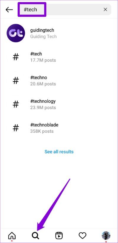 Search-Hastag-on-Instagram-500x1024-1 كيفية إنشاء رمز الاستجابة السريعة QR لملفات التعريف والمنشورات والريلز والمواقع على Instagram