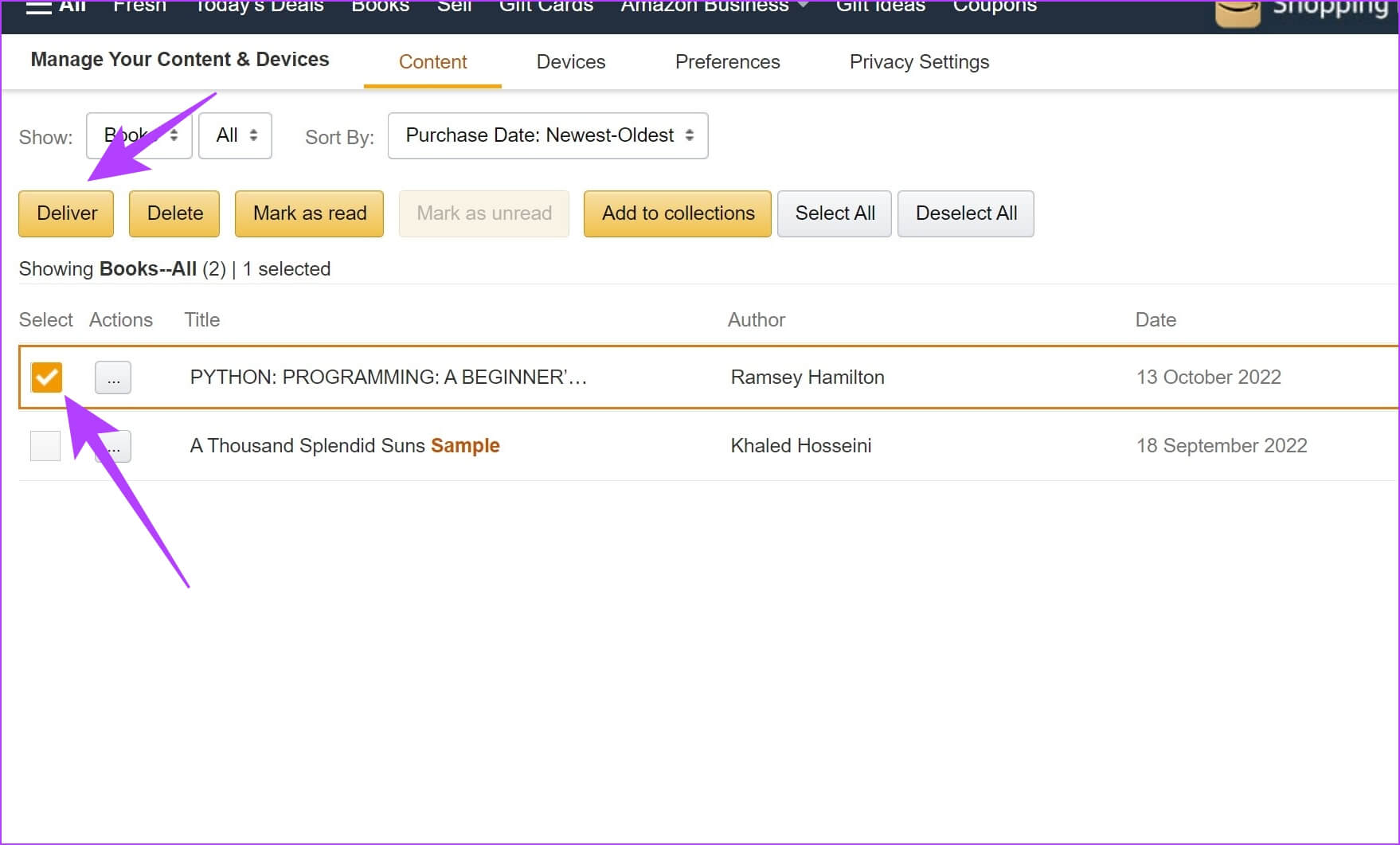 Select Book and Tap on Deliver 1758x1061 - 5 طرق لإرسال الكتب الإلكترونية والمستندات وصفحات الويب إلى Kindle Reader