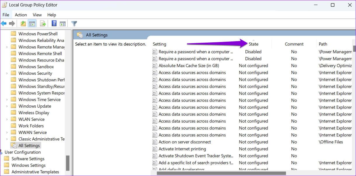 Sort-Policies-in-Local-Group-Policy-Editor-1220x603 أفضل طريقتين لإعادة تعيين إعدادات نهج المجموعة المحلية على Windows 11