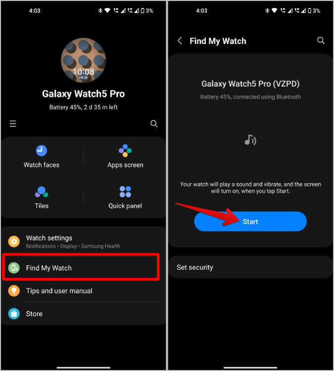 Start-option-to-ring-the-galaxy-Watch-from-Wearable-app كيفية استخدام Samsung Galaxy Watch للعثور على هاتفي والعكس بالعكس