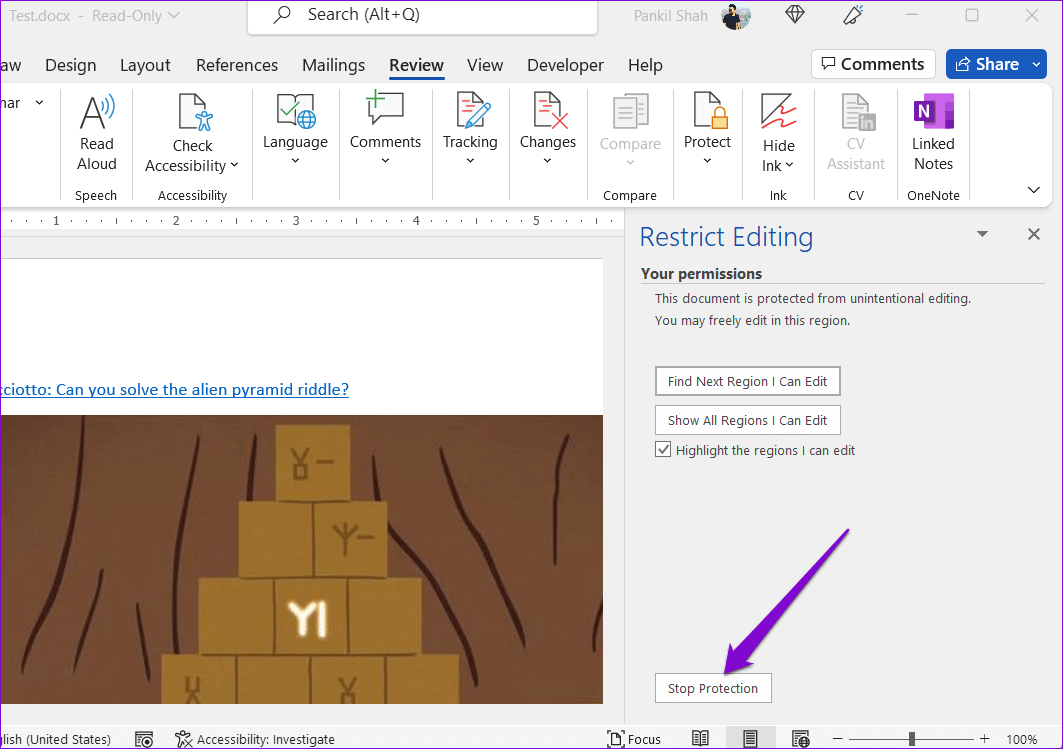Stop-Protection-in-Word أفضل 8 طرق لإصلاح Microsoft Word يفتح الملفات في وضع القراءة فقط في Windows 10 و Windows 11