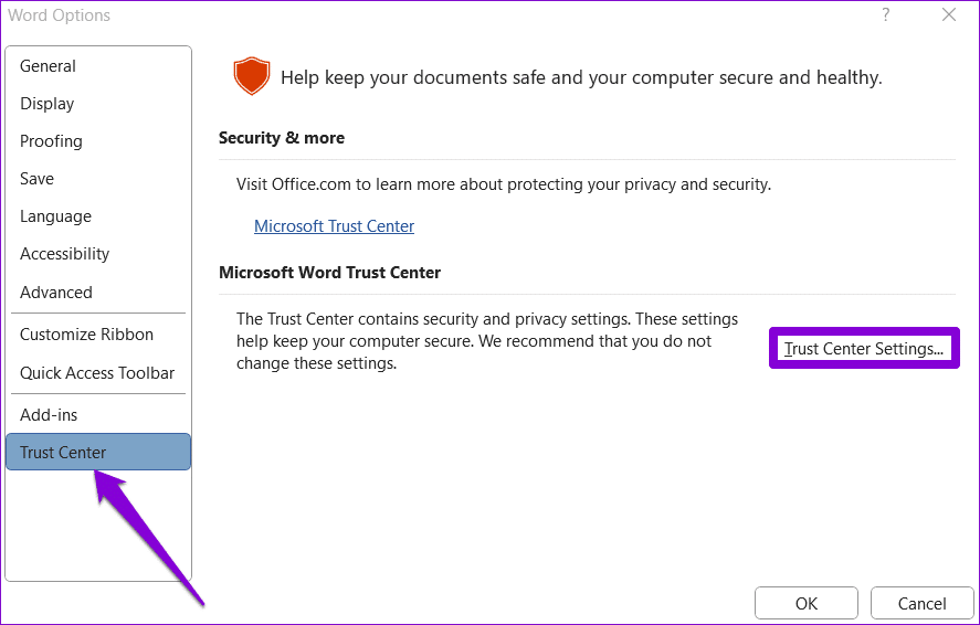 Trust-Center-Settings-in-Word أفضل 8 طرق لإصلاح Microsoft Word يفتح الملفات في وضع القراءة فقط في Windows 10 و Windows 11
