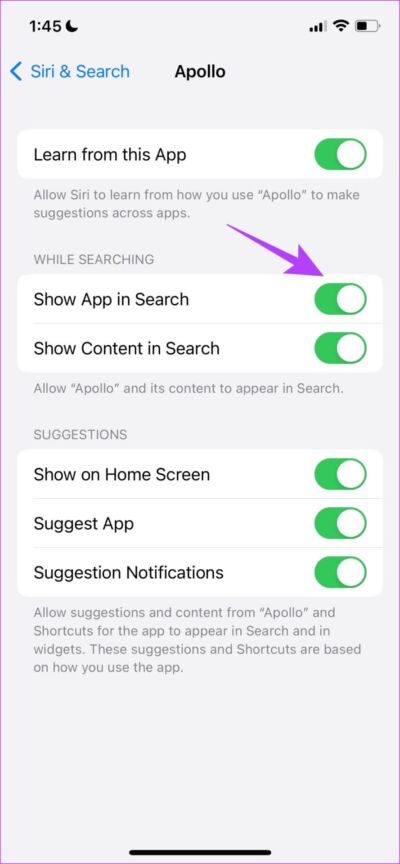 Turn-off-Show-app-in-Search-889x1920-e1665843658666 10 إصلاحات لعدم عمل Spotlight Search على iPhone و iPad