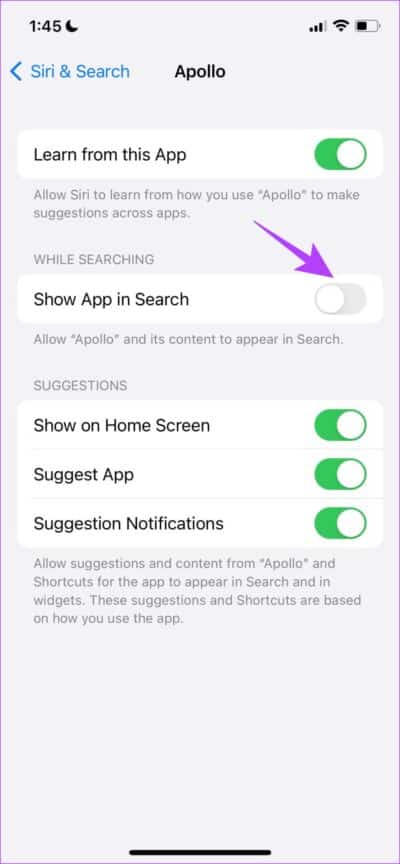 Turn-on-Show-App-in-Search-889x1920-e1665843668100 10 إصلاحات لعدم عمل Spotlight Search على iPhone و iPad