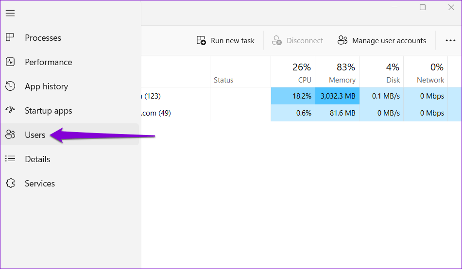Users-Tab-in-Task-Manager أفضل 6 طرق للتبديل بين حسابات المستخدمين في Windows 11