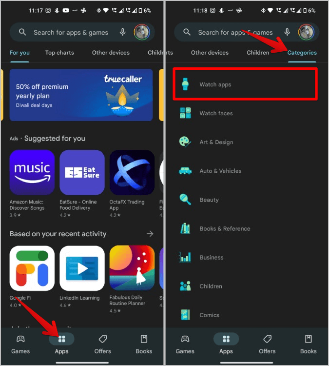 Watch-apps-on-Play-Store-on-Android 3 طرق لتثبيت التطبيقات وتحميلها الجانبي وإلغاء تثبيتها على Samsung Galaxy Watch