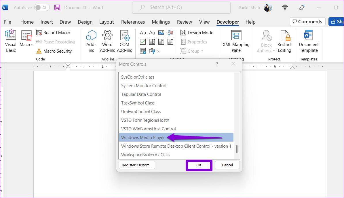 Windows-Media-Player-in-Word كيفية إدراج مقاطع فيديو في مستند Microsoft Word