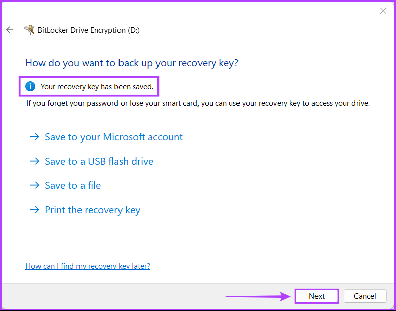 Your-recovery-key-has-been-saved كيفية تشفير البيانات باستخدام BitLocker على Windows 11