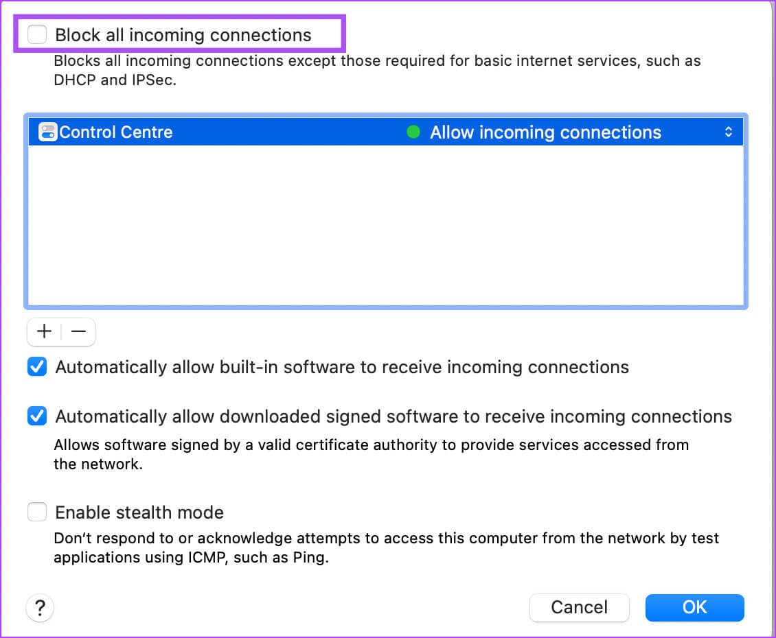 disable-block-incoming-connections-settings-mac-1130x930 أفضل 5 إصلاحات لعدم عمل AirPlay على Mac