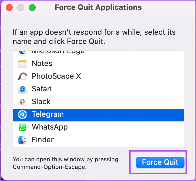 force-quit-telegram-mac أفضل 5 إصلاحات لعدم عمل مكالمات فيديو Telegram لسطح المكتب على نظام Mac