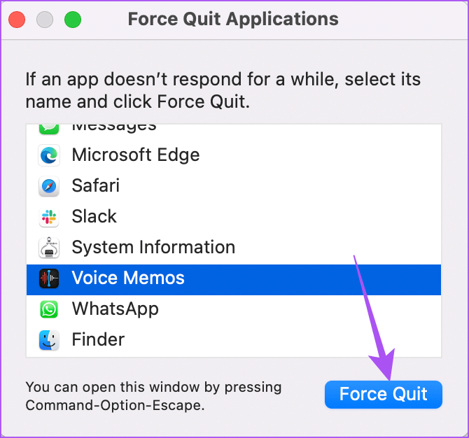 force-quit-voice-memos-mac أفضل 8 إصلاحات لعدم عمل تسجيل في Voice Memos على Mac