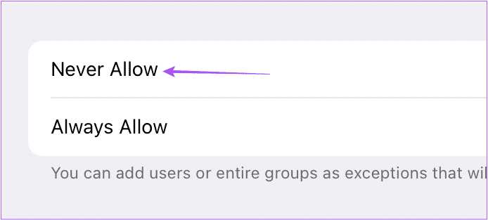 never-allow-call-settings-telegram-mac أفضل 5 إصلاحات لعدم عمل مكالمات فيديو Telegram لسطح المكتب على نظام Mac