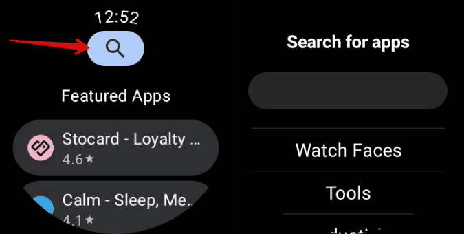 searching-on-play-store-on-Galaxy-Watch 3 طرق لتثبيت التطبيقات وتحميلها الجانبي وإلغاء تثبيتها على Samsung Galaxy Watch