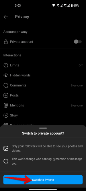 switch-to-private-option-on-Instagram ماذا يحدث عندما تجعل حساب Instagram الخاص بك عامًا أو خاصًا