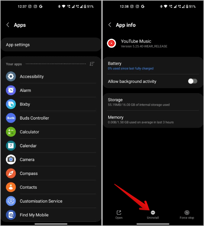 uninstall-apps-from-Galaxy-Wearable-Apps 3 طرق لتثبيت التطبيقات وتحميلها الجانبي وإلغاء تثبيتها على Samsung Galaxy Watch