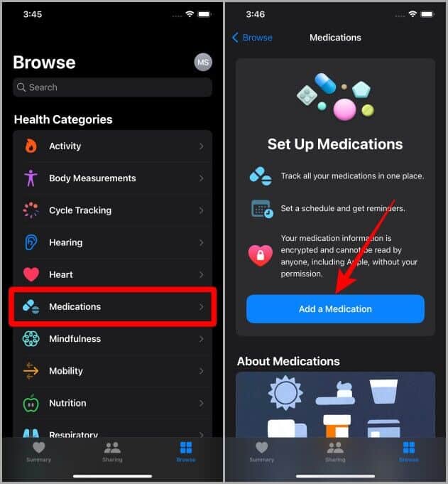 Browse-Tab-in-Apple-Health-1-631x681 كيفية إضافة الأدوية وتعيين تذكيرات لتطبيق Apple Health