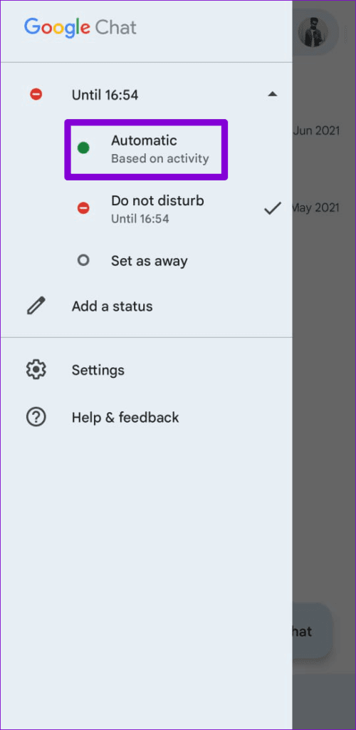 Change-Google-Chat-Status-500x1024-1 أفضل 8 طرق لإصلاح عدم عمل إشعارات تطبيق Google Chat على Android و iPhone