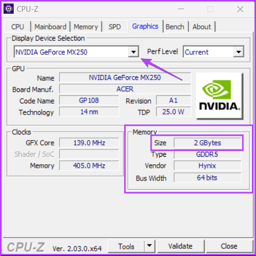 Check-GPU-VRAM-Using-CPU-Z أفضل 4 طرق للتحقق من سعة ذاكرة الوصول العشوائي للفيديو VRAM على Windows 11