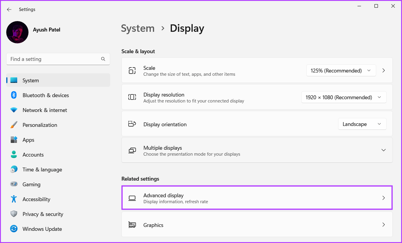 Clcik-On-Advanced-Display أفضل 4 طرق للتحقق من سعة ذاكرة الوصول العشوائي للفيديو VRAM على Windows 11
