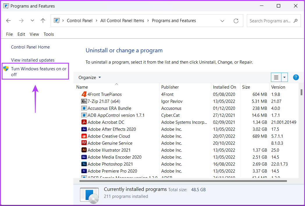 Clcik-on-Turn-Windows-features-on-or-off أفضل 4 طرق لإضافة أو إزالة الميزات الاختيارية على Windows 11