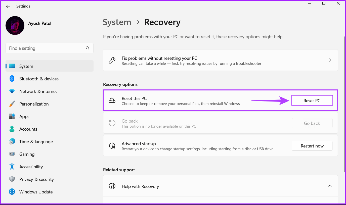 Click-On-Reset-PC أفضل 8 طرق لإصلاح الملفات الفاسدة و التالفة على نظام التشغيل Windows 11