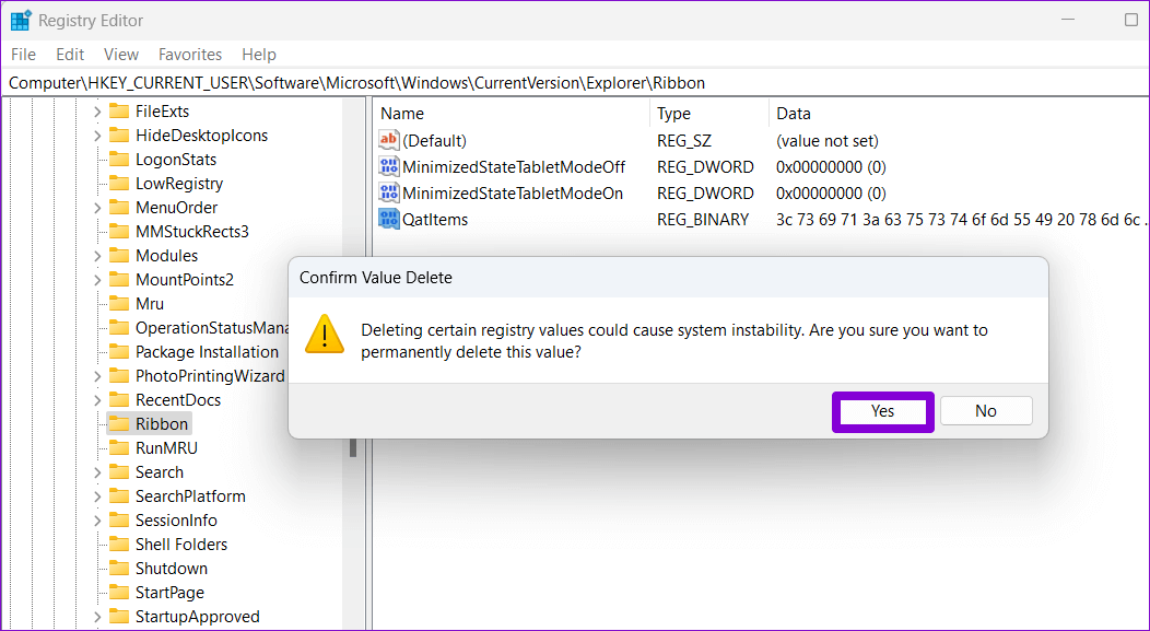 Confirm-Delete-Registry-Key أفضل 5 طرق لإصلاح عدم عمل الوصول السريع على Windows 11