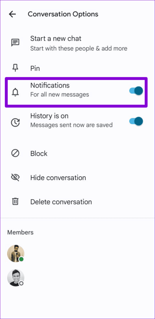 Enable-Notifications-for-Google-Chat-Conversation-500x1024-1 أفضل 8 طرق لإصلاح عدم عمل إشعارات تطبيق Google Chat على Android و iPhone