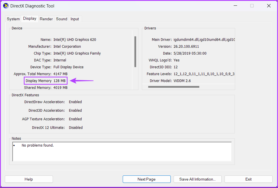 Integrated-Display-Memory أفضل 4 طرق للتحقق من سعة ذاكرة الوصول العشوائي للفيديو VRAM على Windows 11