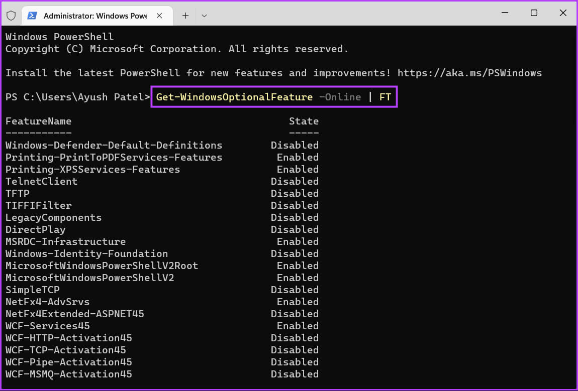 List-Optional-Features-PowerShell أفضل 4 طرق لإضافة أو إزالة الميزات الاختيارية على Windows 11