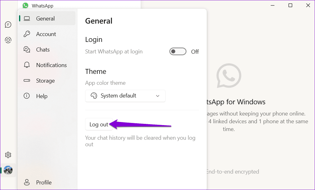 Log-Out-of-WhatsApp-for-Windows أفضل 7 طرق لإصلاح عدم عرض الإشعارات لتطبيق WhatsApp سطح المكتب على Windows 11