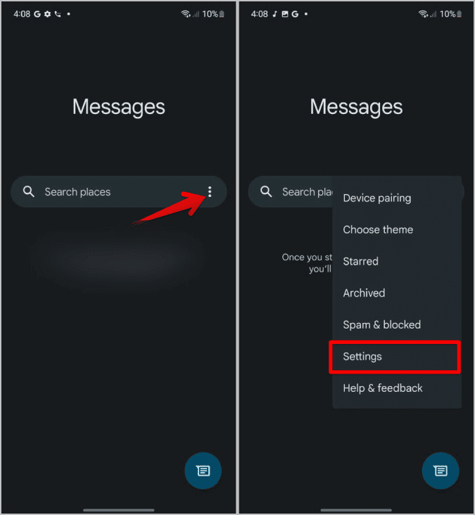 Opening-Settings-in-Google-Messages-on-Samsung-Phone كيفية تكوين إيماءة التمرير السريع على رسائل Google