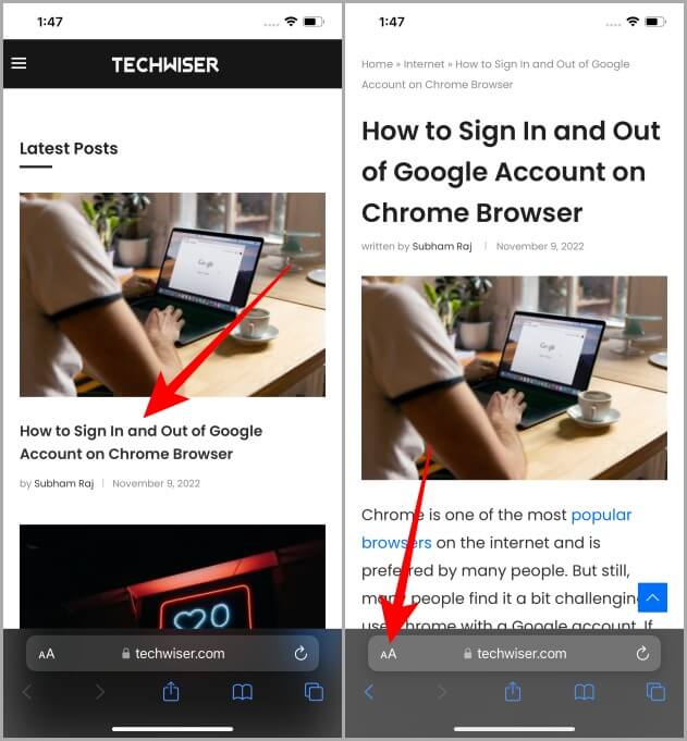 Opening-an-Article-on-Safari-631x681 كيفية تمكين عرض القارئ (الوضع) في Safari على iPhone و iPad و Mac