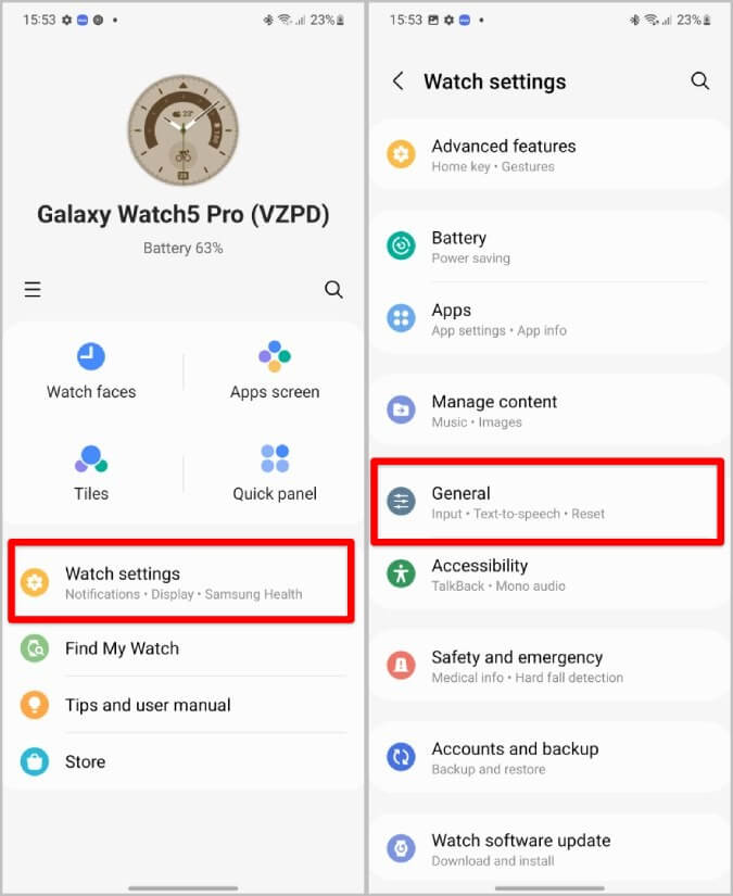 Opening-general-option-on-Galaxy-Weaarable-app كيفية تغيير المعصم والتوجيه على Samsung Galaxy Watch