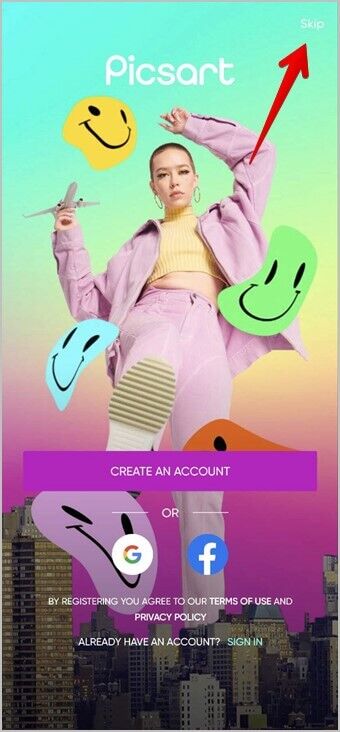 Picsart-Skip-Signup-340x732 طريقتين لوضع صورة على صورة أخرى على Android