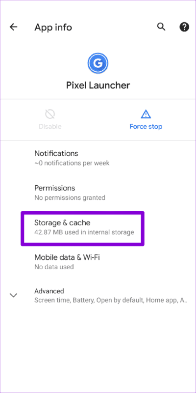 Pixel-Launcher-Storage-and-Cache-512x1024-1 أفضل 7 طرق لإصلاح عدم عمل الإيماءات على Android