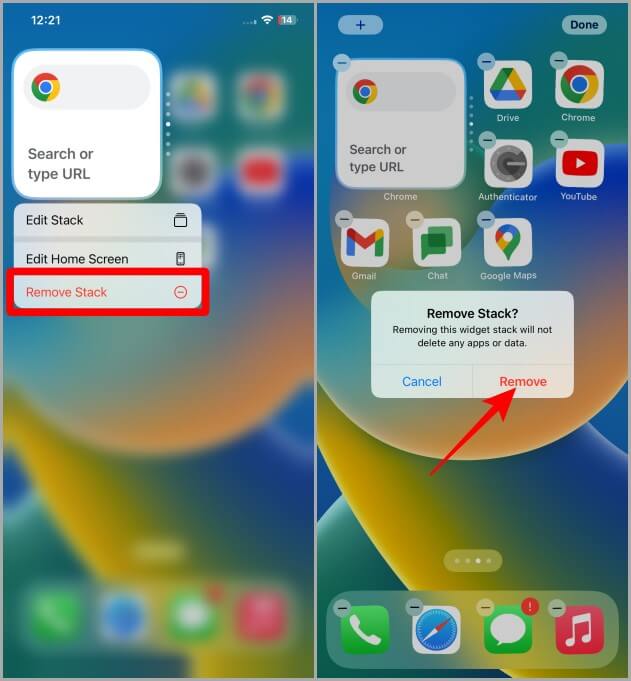 Removing-a-Widget-Stack-on-iPhone كيفية إنشاء وتعديل وإزالة حزم الأدوات الويدجت على iPhone