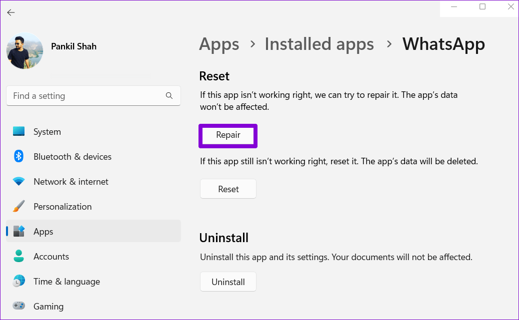 Repair-WhatsApp-on-Windows-11-1 أفضل 7 طرق لإصلاح عدم عرض الإشعارات لتطبيق WhatsApp سطح المكتب على Windows 11
