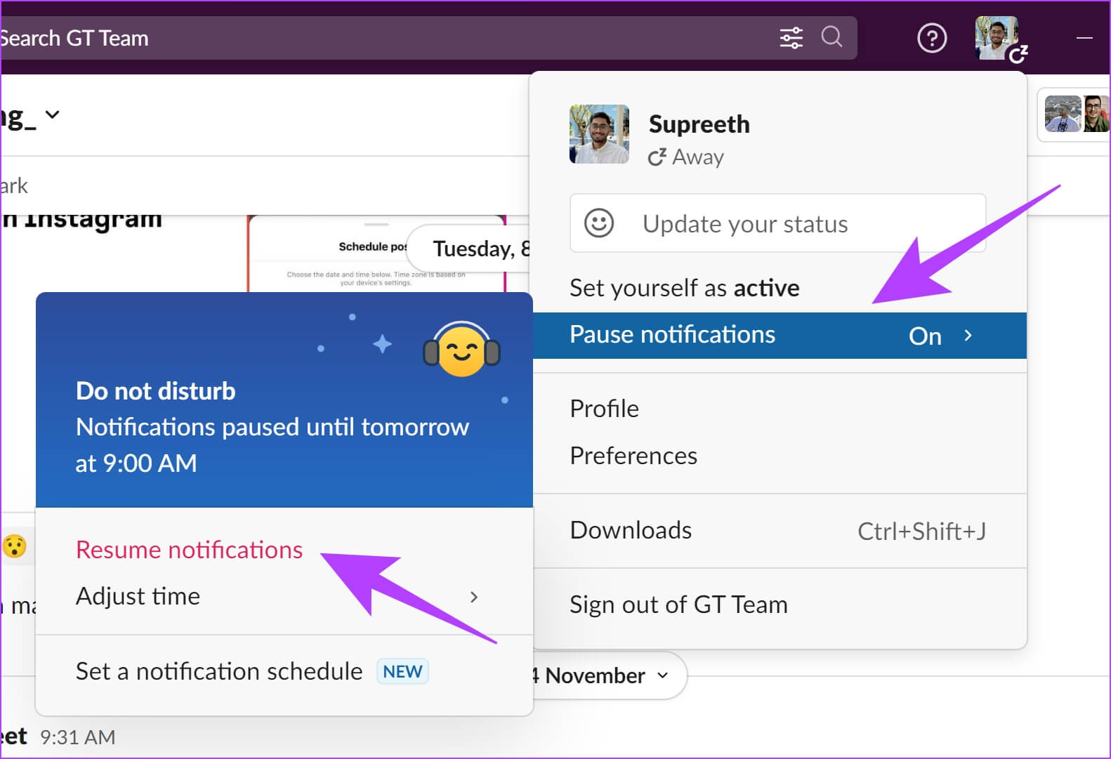 Resume-Notifications 10 إصلاحات لعدم عمل إشعارات Slack على Mac و Windows Desktop