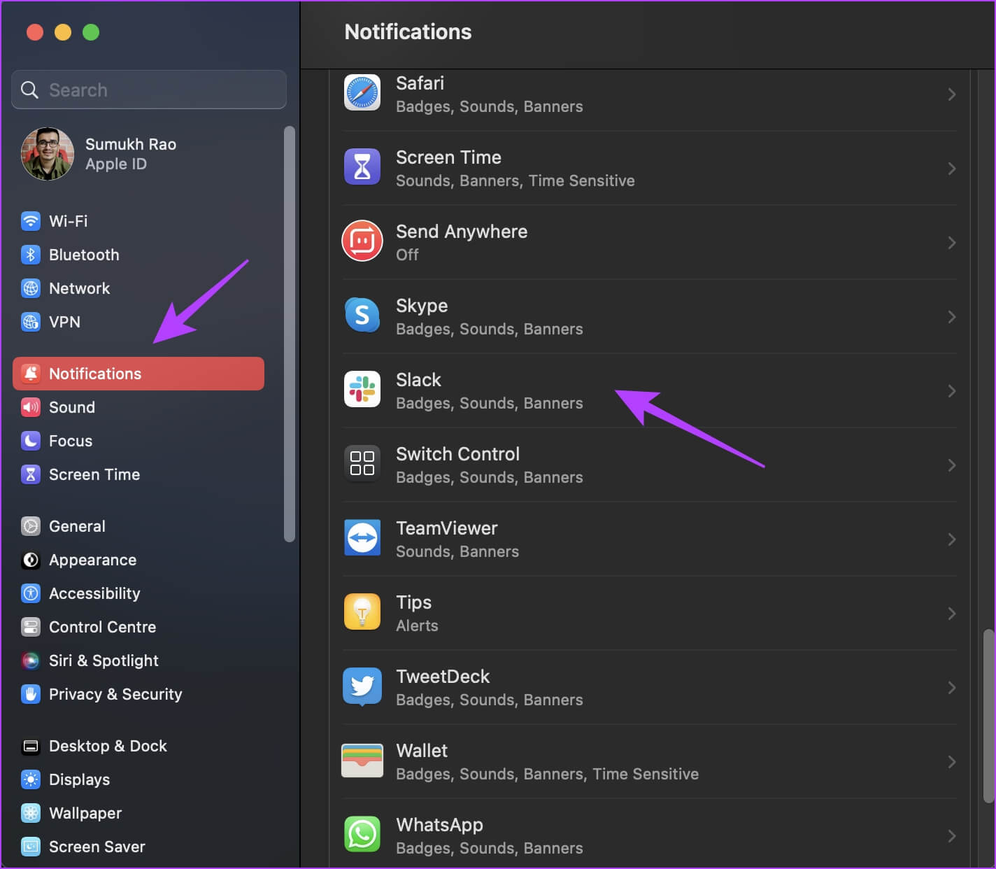 Select-Notifications-Mac 10 إصلاحات لعدم عمل إشعارات Slack على Mac و Windows Desktop