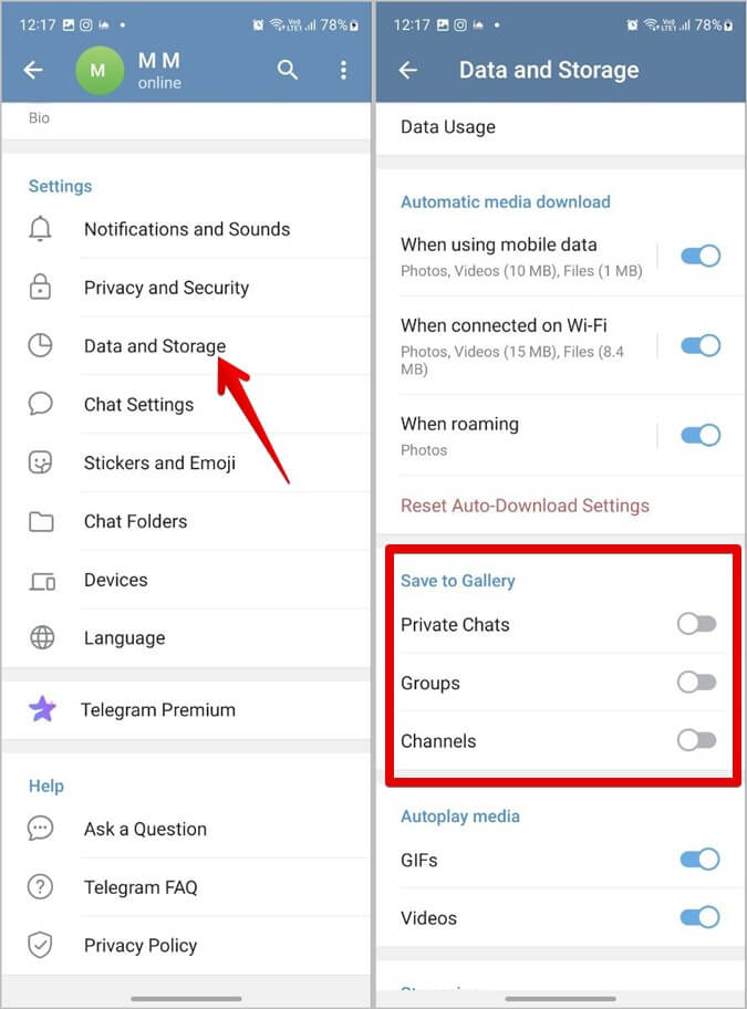 Telegram-Android-Settings-Auto-Save كيفية تنزيل صور أو مقاطع فيديو متعددة من Telegram