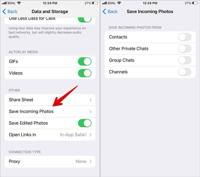 Telegram-iPhone-Settings-Save-incoming-photos كيفية تنزيل صور أو مقاطع فيديو متعددة من Telegram