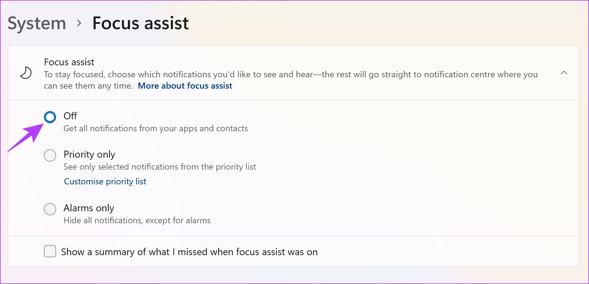 Turn-off-Focus-assist-2 10 إصلاحات لعدم عمل إشعارات Slack على Mac و Windows Desktop