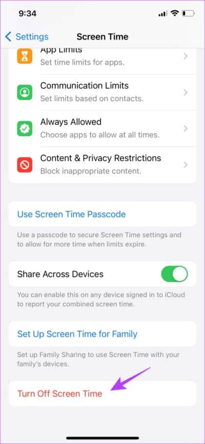 Turn-off-Screen-Time-889x1920-e1668897776618 أفضل 10 إصلاحات للعدم ظهور بيانات Screen Time على iPhone