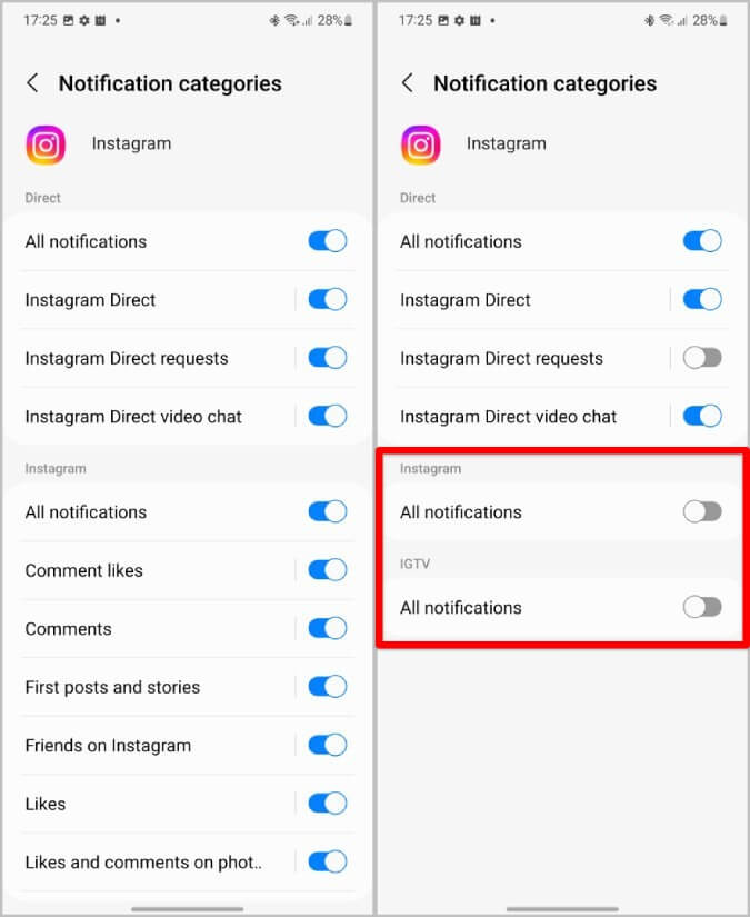 Turning-off-Instagram-notification-categories كيفية الحصول على إشعارات Instagram و WhatsApp على Samsung Galaxy Watch