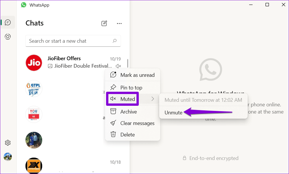 Unmute-Chats-on-WhatsApp-Desktop أفضل 7 طرق لإصلاح عدم عرض الإشعارات لتطبيق WhatsApp سطح المكتب على Windows 11