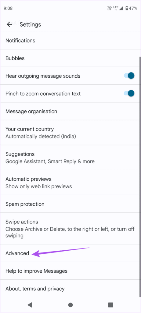 advanced settings messages android 462x1024 1 - أفضل 6 إصلاحات لعدم عمل ردود الفعل في تطبيق Google Messages