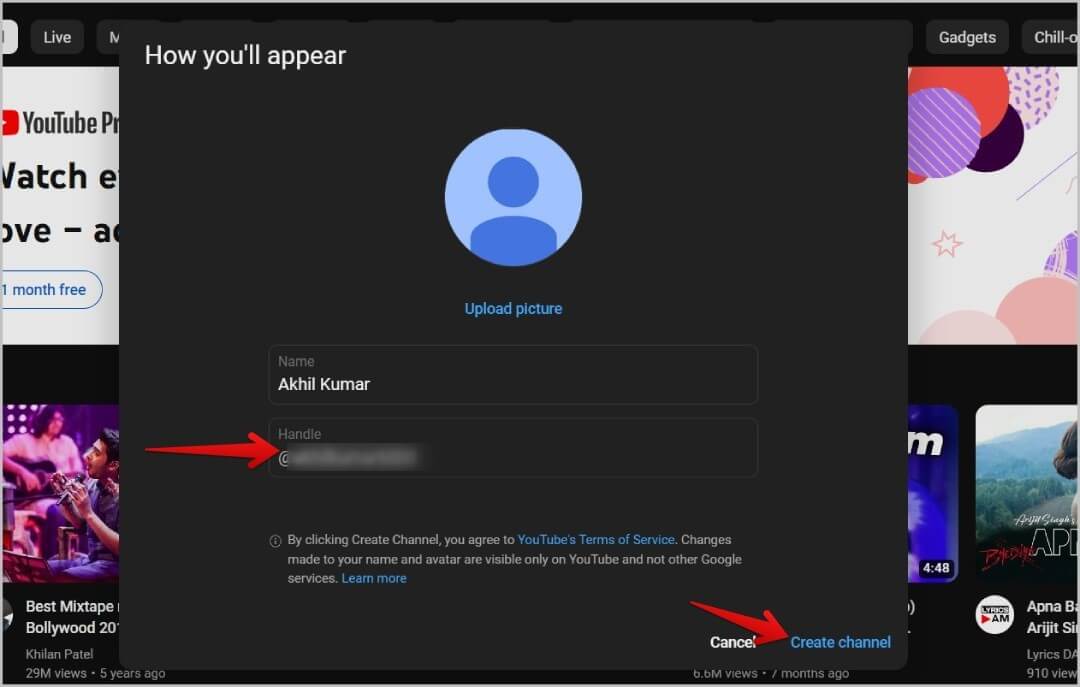changing-handle-name-while-creating-YouTube-account-on-YouTube-Web-app-1-1080x687 كيفية تعيين أو تغيير اسم المستخدم / التعامل مع YouTube